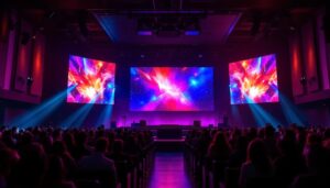 A photograph of a vibrant led display in a church setting