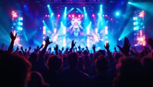 A photograph of a vibrant concert scene featuring enthusiastic fans and a dazzling led display in the background