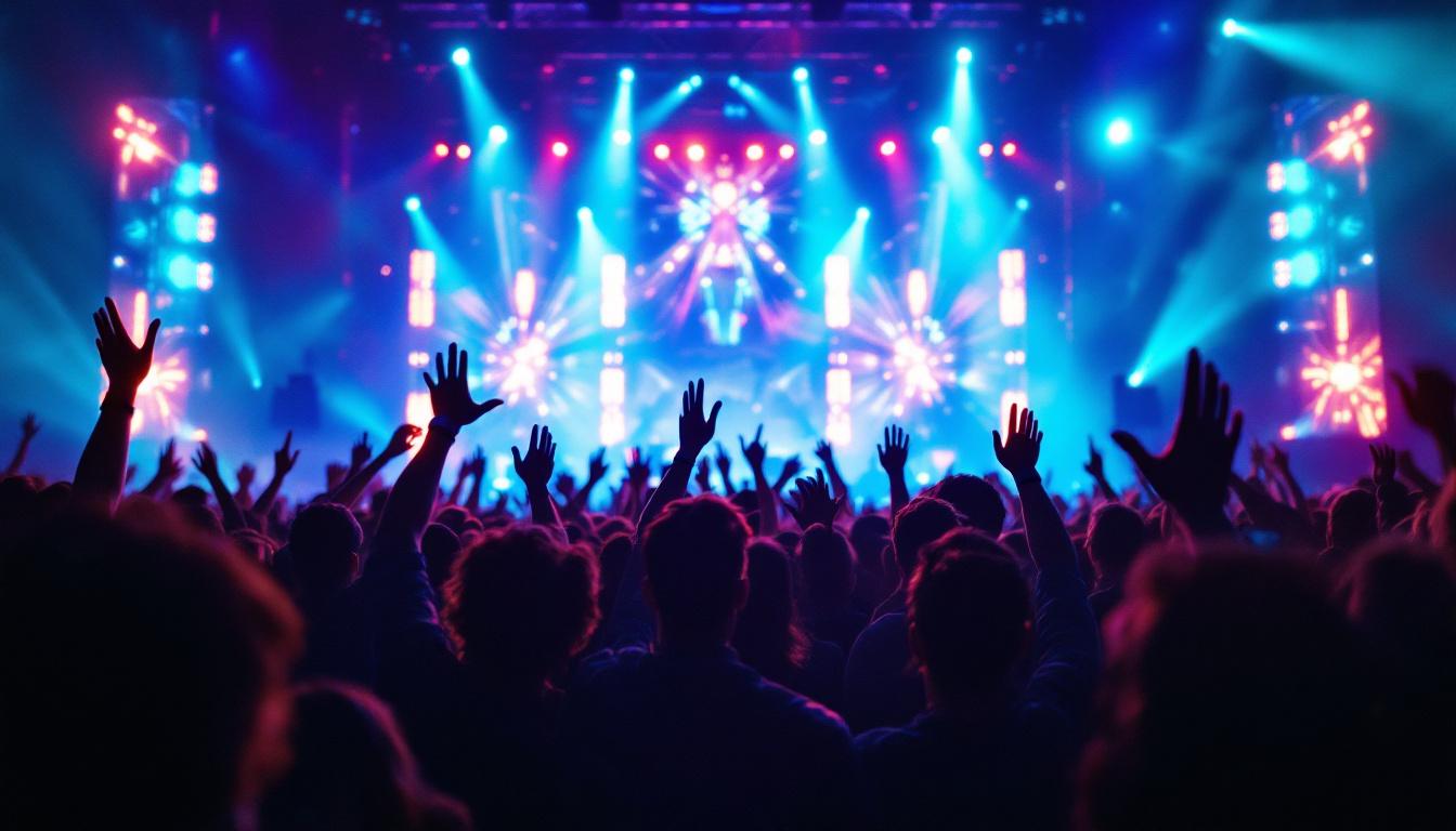 A photograph of a vibrant concert scene featuring enthusiastic fans and a dazzling led display in the background
