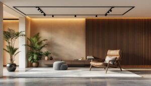 A photograph of a modern interior space featuring sleek led track lighting installations