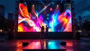 A photograph of a vibrant led screen setup at an event in seattle