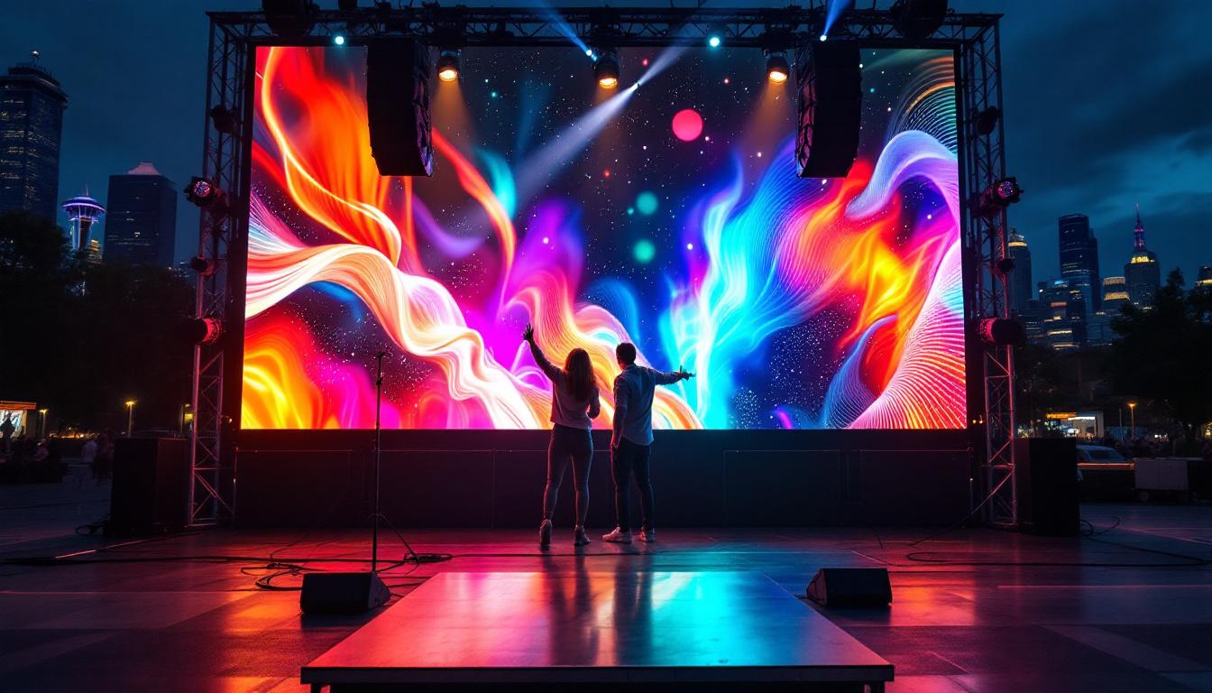 A photograph of a vibrant led screen setup at an event in seattle