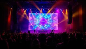 A photograph of a vibrant led-lit stage design during a live performance