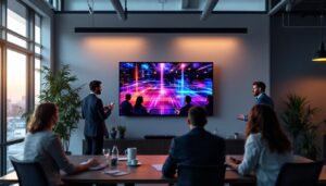 A photograph of a modern business environment featuring a vibrant led display in use