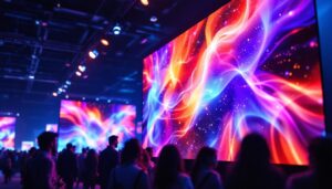 A photograph of a vibrant led display panel in action at an event