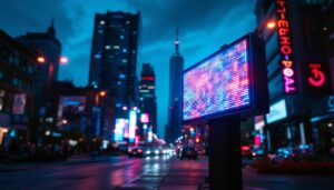 A photograph of a vibrant led display in a dynamic urban setting at dusk