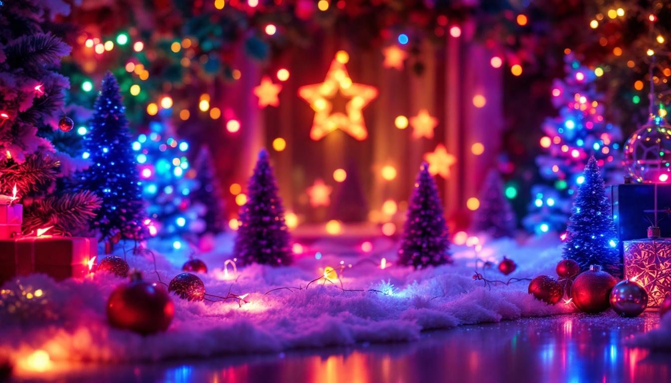 A photograph of a beautifully arranged christmas set design featuring a vibrant led display