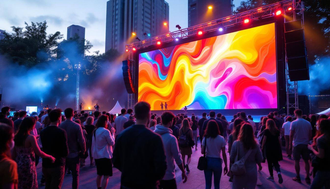 A photograph of a vibrant outdoor event featuring a large mobile led screen in action