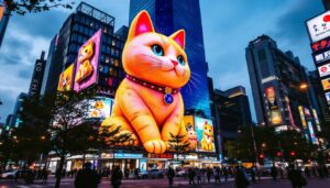 A photograph of capture a photograph of the vibrant 3d cat billboard in tokyo