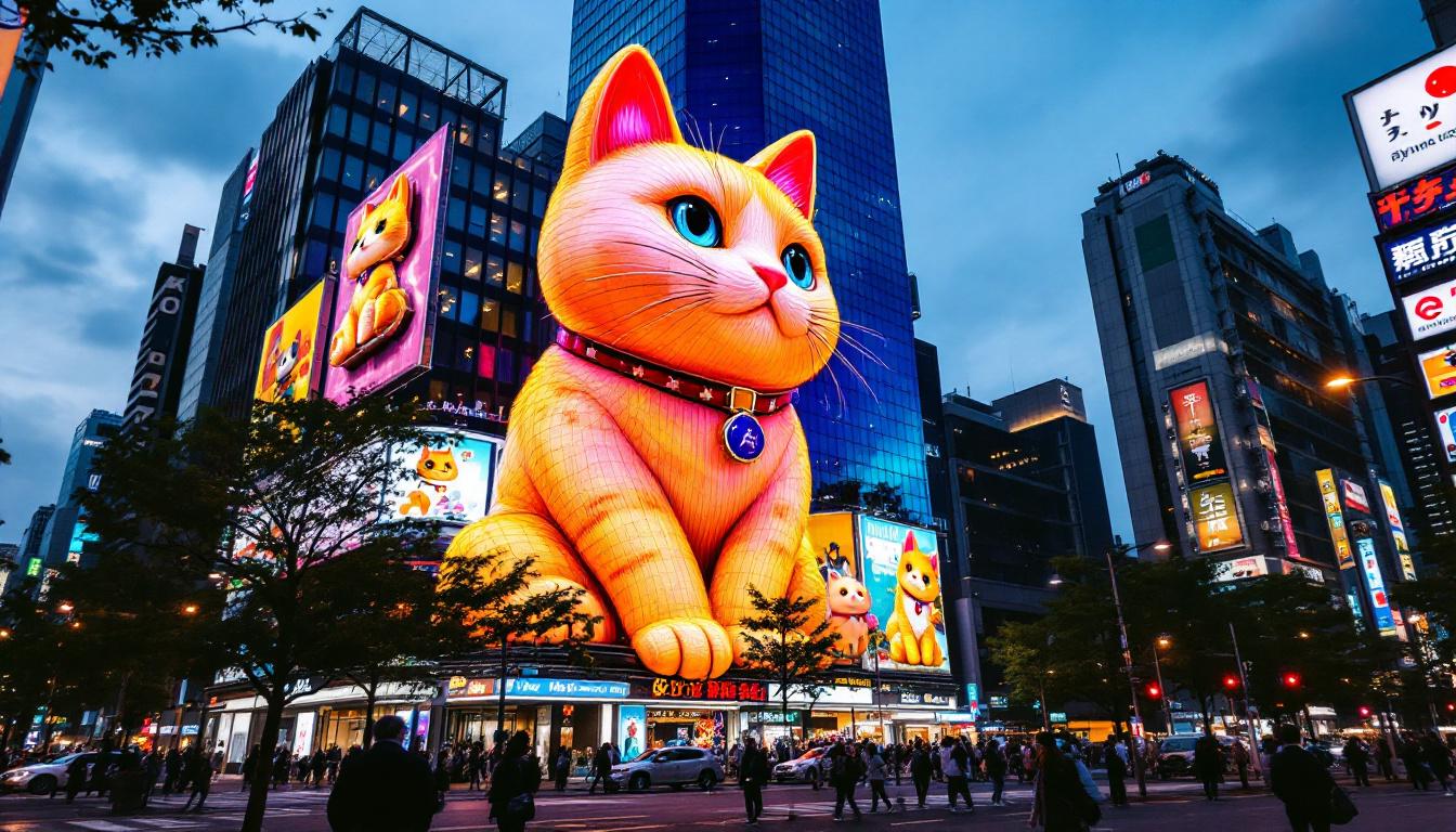 A photograph of capture a photograph of the vibrant 3d cat billboard in tokyo