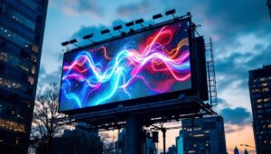 A photograph of capture a photograph of a vibrant electric billboard displaying dynamic led graphics in an urban setting