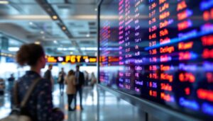 A photograph of a vibrant led flight information display board in an airport setting