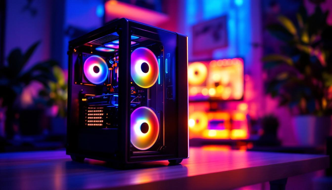 A photograph of a sleek pc case with an illuminated lcd panel showcasing vibrant led displays