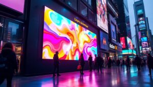 A photograph of a vibrant led display in an urban setting