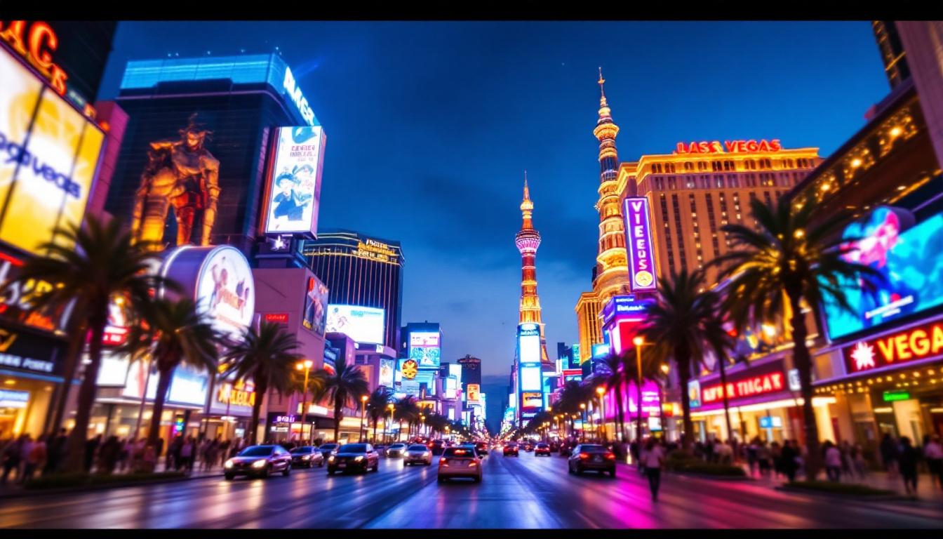 A photograph of capture a photograph of a vibrant las vegas street scene at night