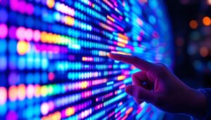 A photograph of a close-up of a vibrant led display screen