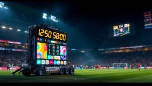 A photograph of a vibrant mobile led scoreboard in action at a sporting event