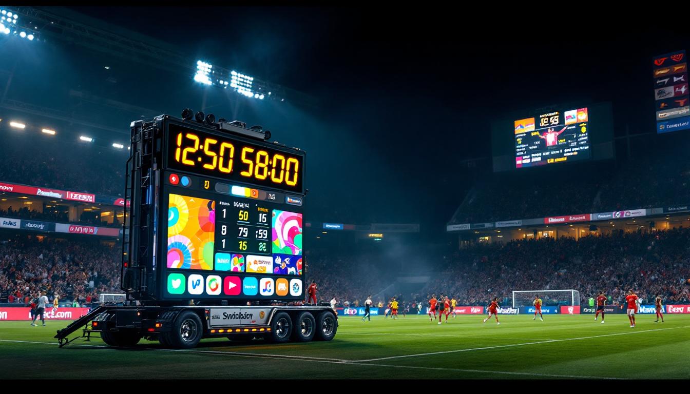 A photograph of a vibrant mobile led scoreboard in action at a sporting event
