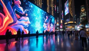 A photograph of capture a photograph of a vibrant led display in a bustling abu dhabi setting