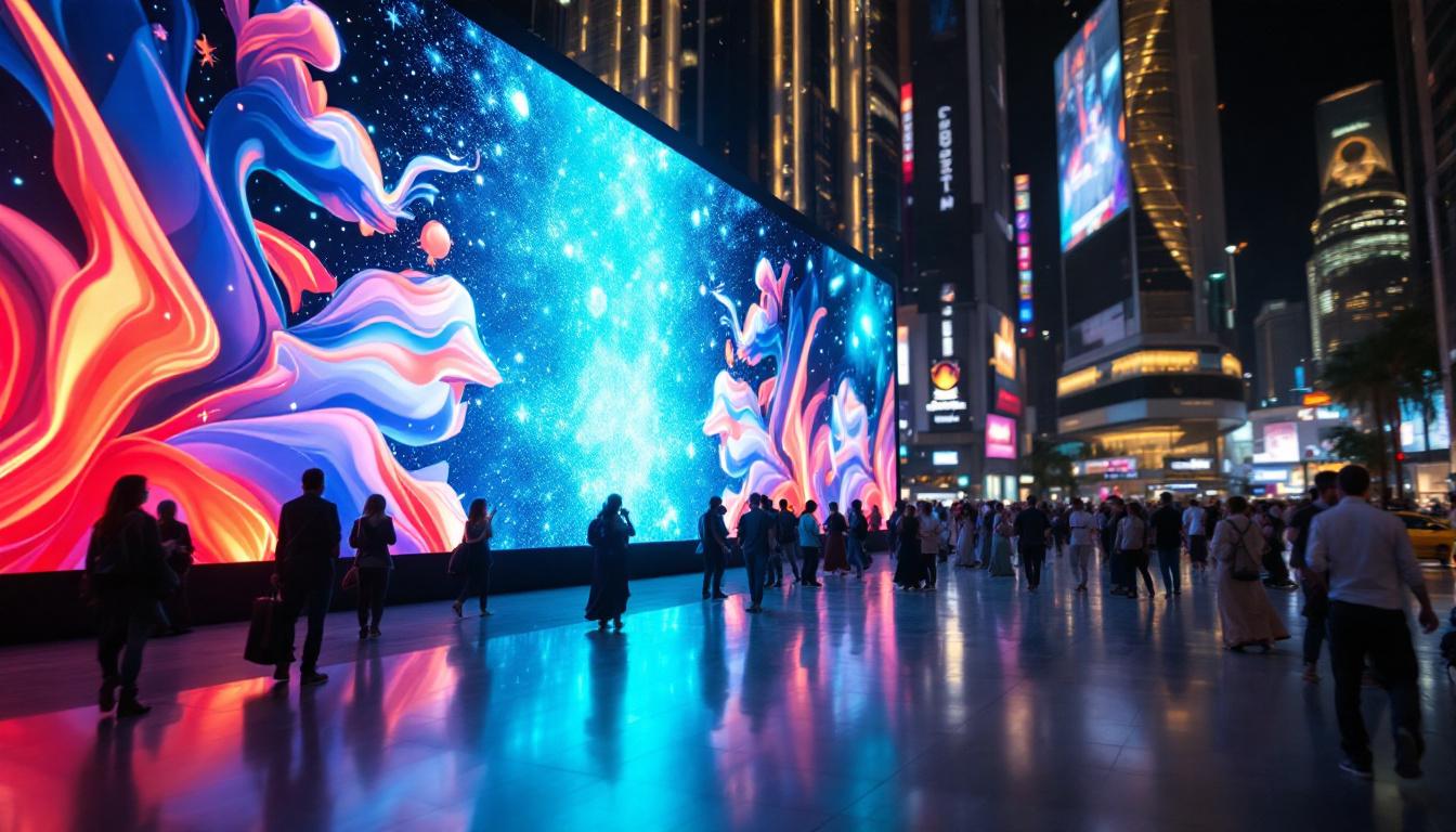 A photograph of capture a photograph of a vibrant led display in a bustling abu dhabi setting