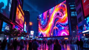 A photograph of a vibrant led display in a dynamic urban setting