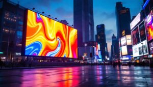 A photograph of a vibrant led display in a dynamic urban setting
