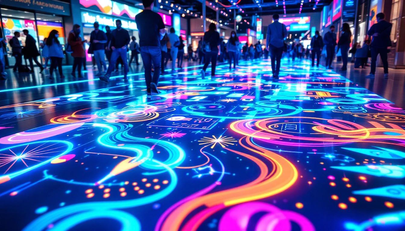 A photograph of capture a photograph of a vibrant interactive floor display in a busy public space