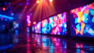 A photograph of a vibrant led display showcasing dynamic colors and patterns