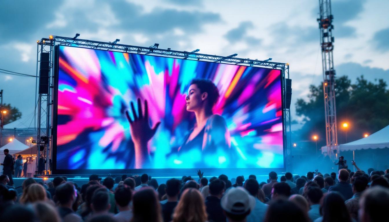 A photograph of capture a photograph of a vibrant led screen trailer in action at an outdoor event