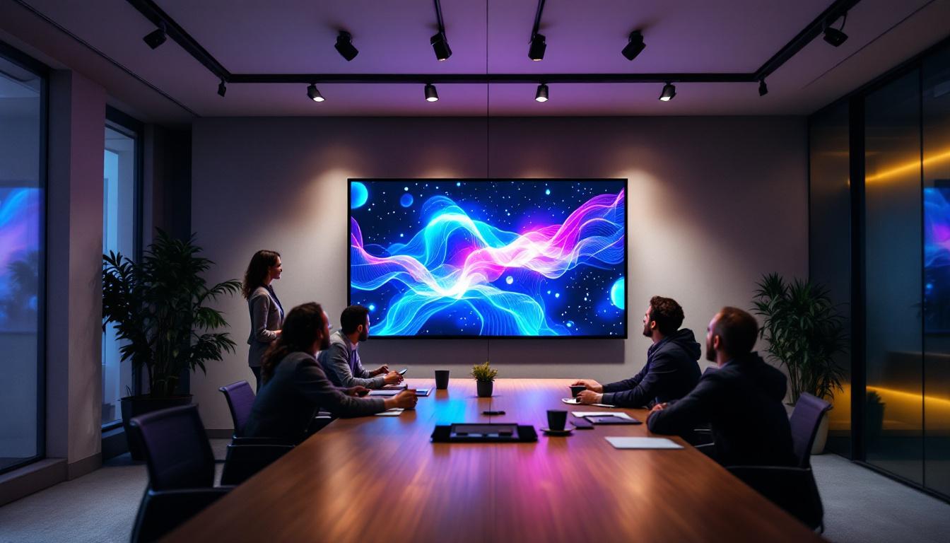 A photograph of a modern conference room featuring a large led display in use