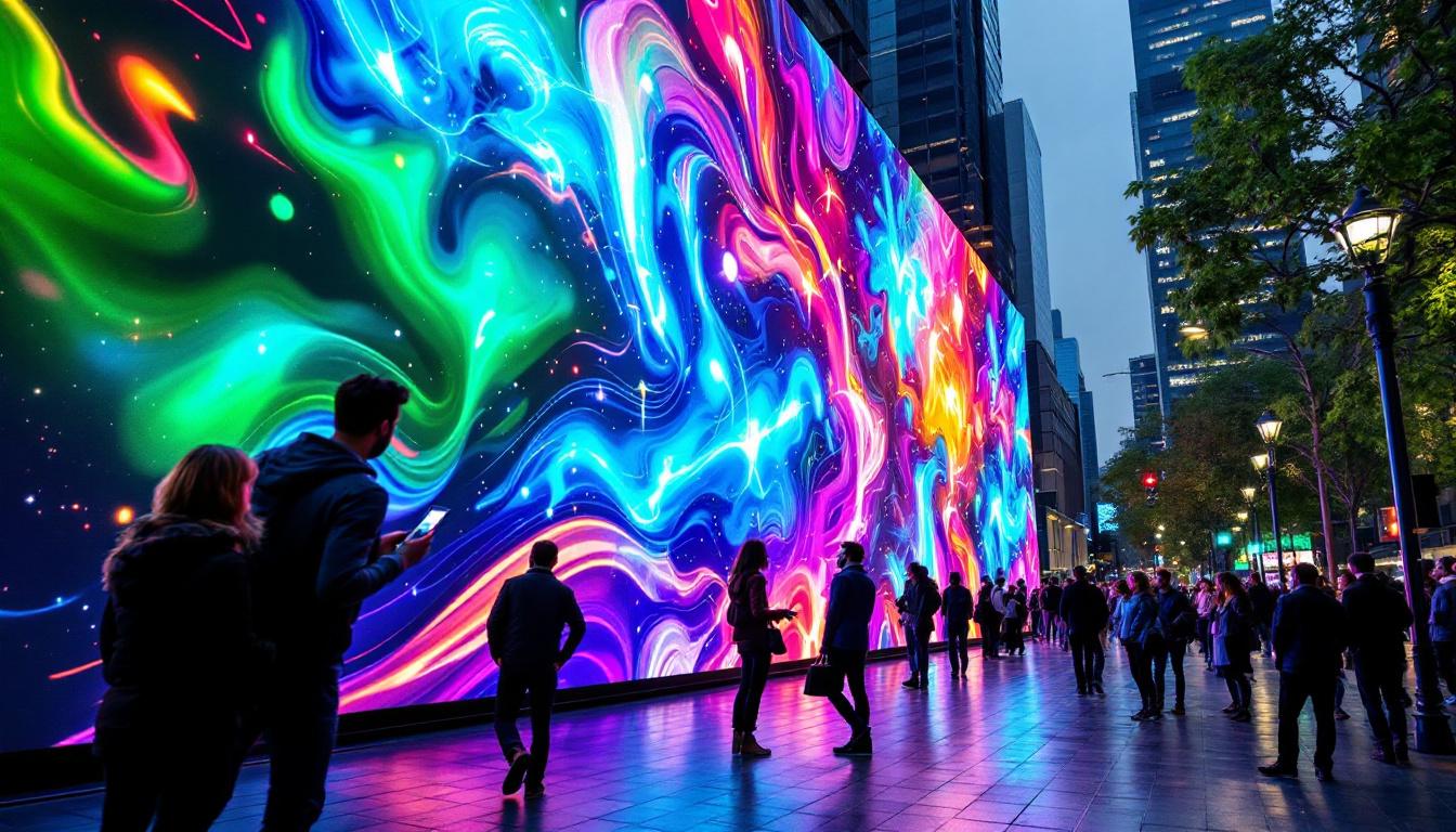 A photograph of capture a photograph of a vibrant led display integrated into a tall urban wall
