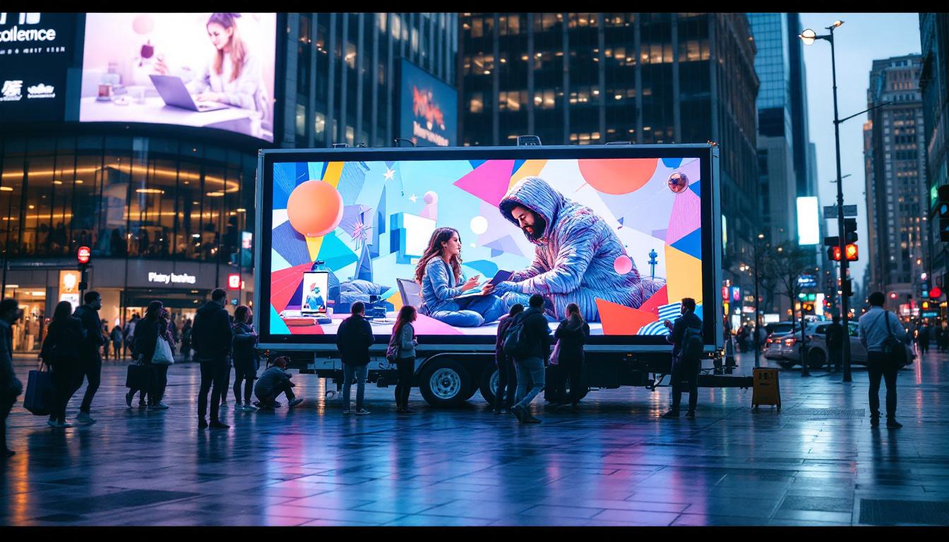 A photograph of a vibrant mobile billboard featuring an led display in an urban setting
