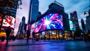 A photograph of a vibrant urban scene featuring a large led display screen showcasing dynamic advertisements or content