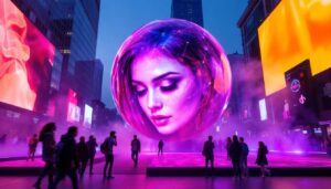 A photograph of capture a photograph of the vibrant los angeles ball screen led display in action