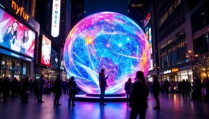 A photograph of capture a photograph of a vibrant sphere led display in an urban setting