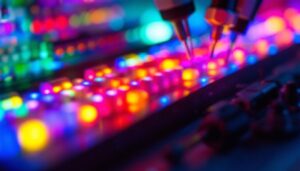 A photograph of a close-up of a vibrant led display in action