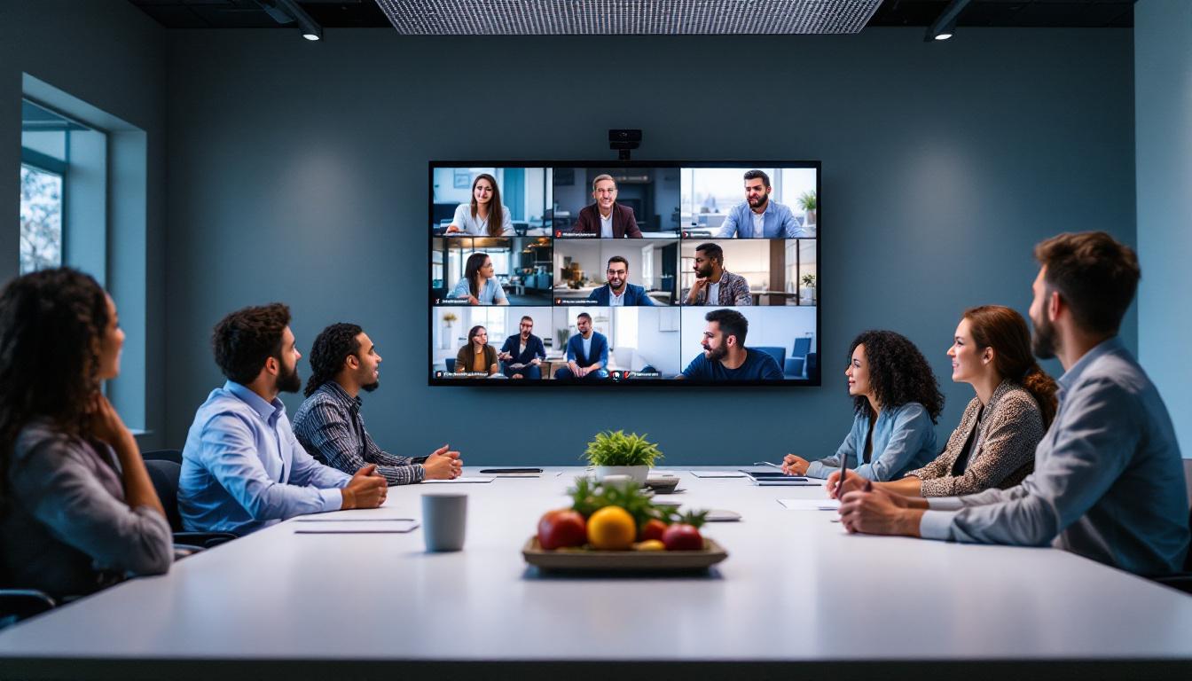 A photograph of a modern conference room featuring an led display in use