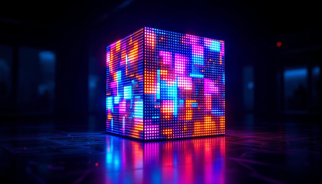 A photograph of a vibrant led cube display in a dimly lit environment
