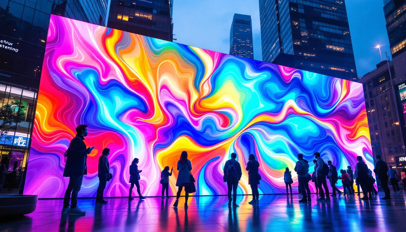 A photograph of a vibrant 3d led display in an urban setting