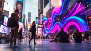 A photograph of a vibrant urban scene featuring a large