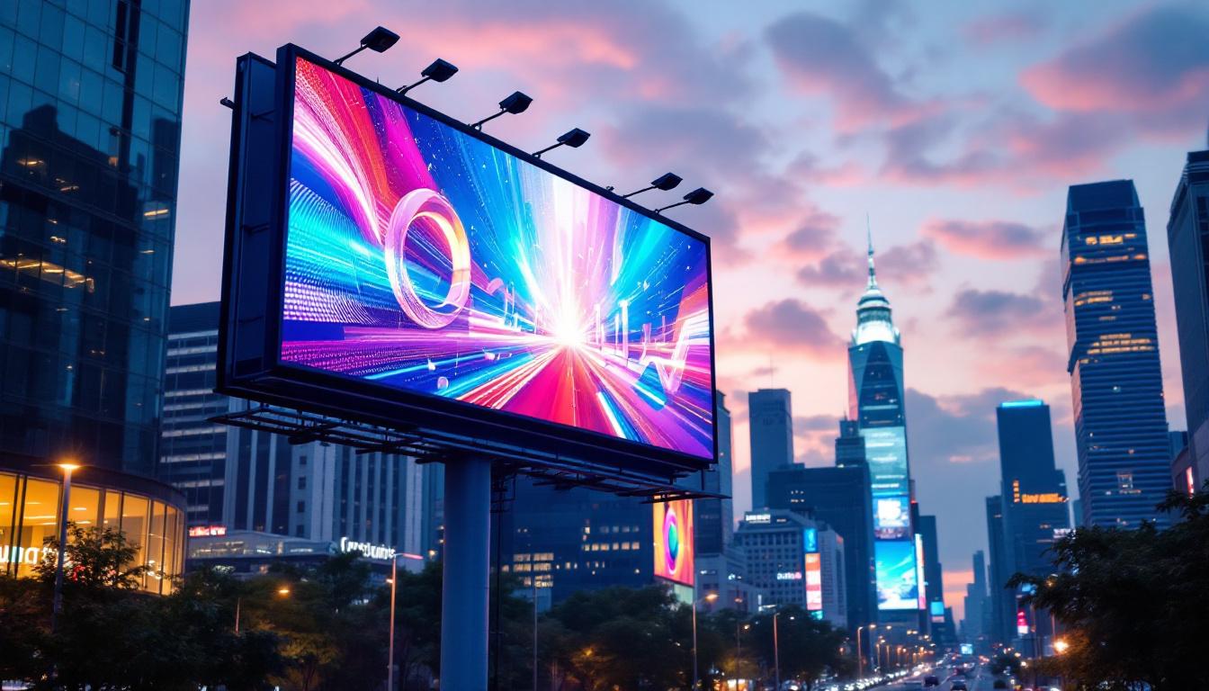 A photograph of a vibrant led billboard displaying dynamic graphics and advertisements in an urban setting