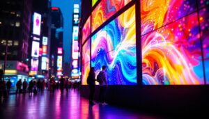 A photograph of a vibrant led display in a bustling urban environment