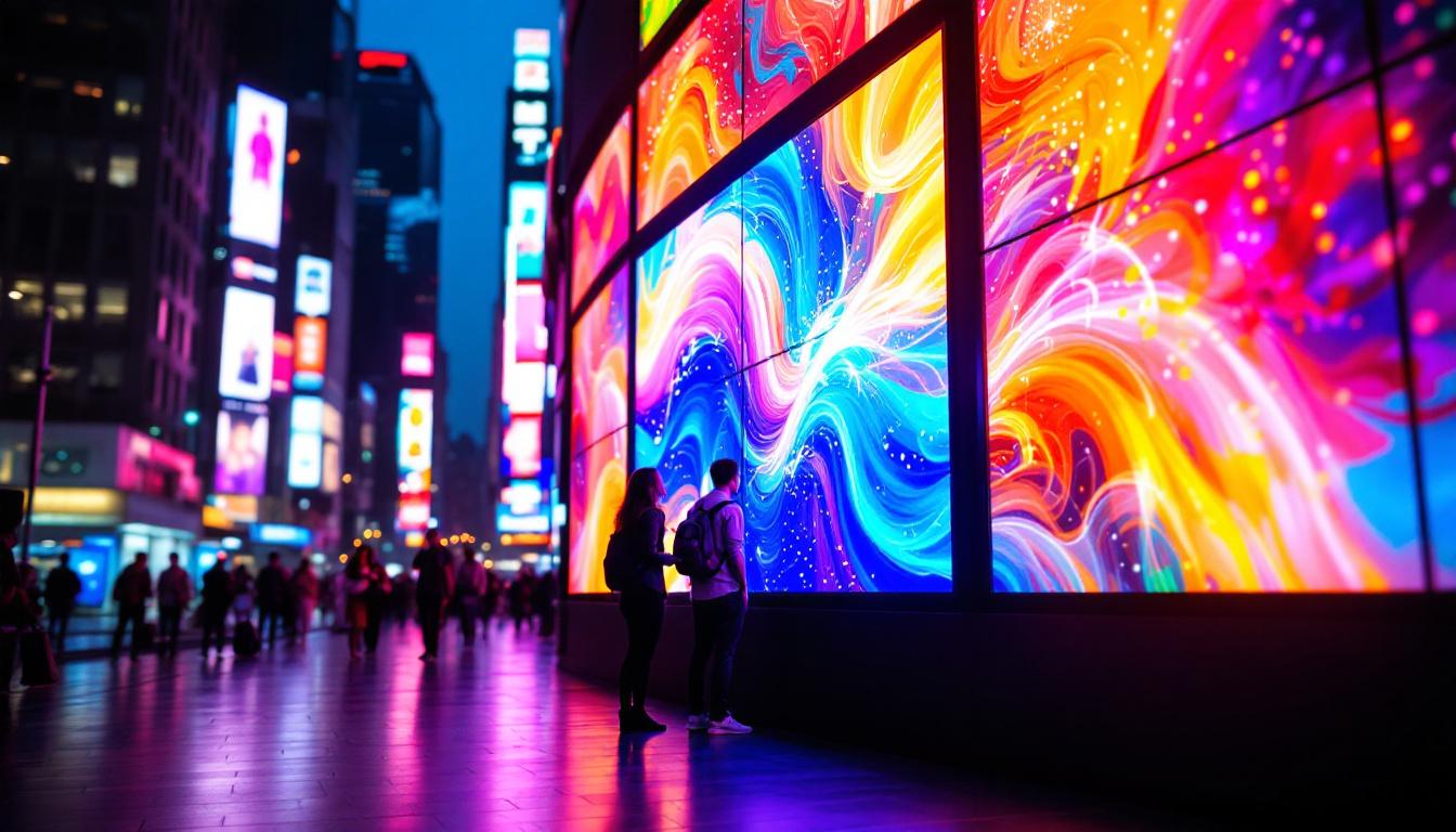 A photograph of a vibrant led display in a bustling urban environment