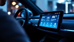A photograph of a modern car interior featuring a vibrant led display