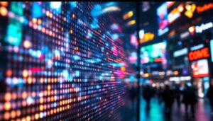 A photograph of a vibrant led display in a bustling urban setting