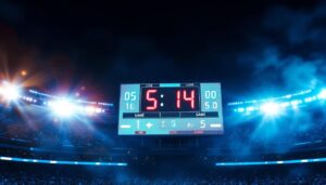 A photograph of a vibrant led football scoreboard displaying a live game score under stadium lights
