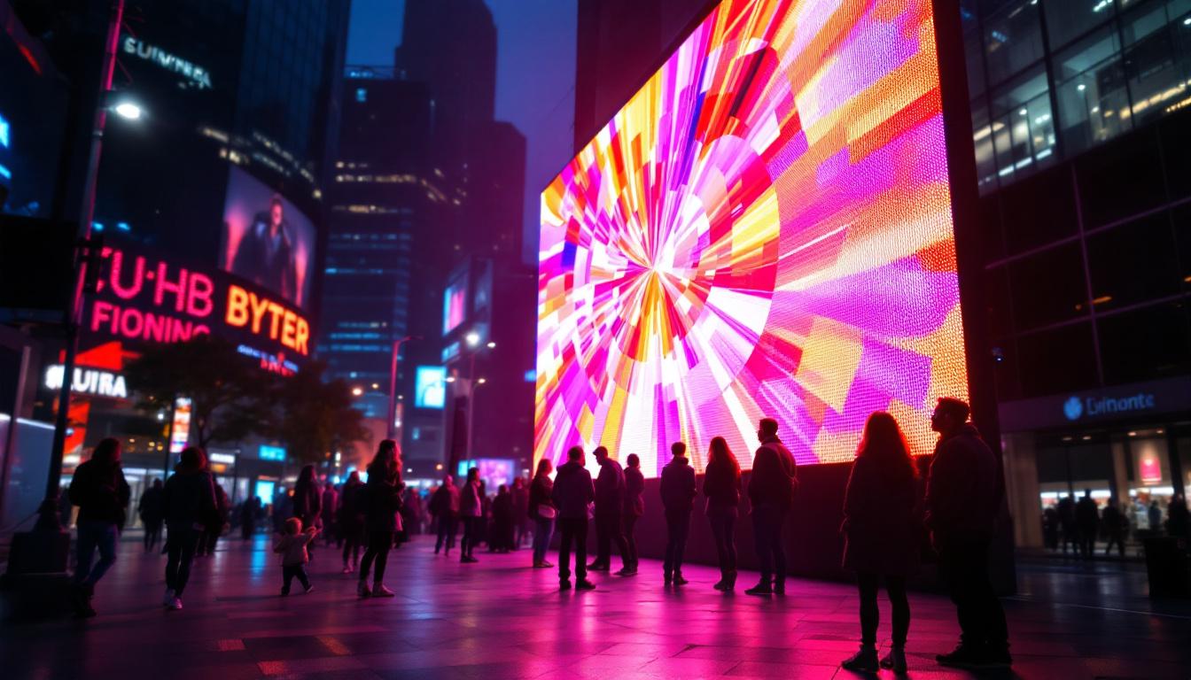 A photograph of a vibrant led display in a bustling urban environment