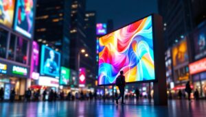 A photograph of capture a photograph of a vibrant led display in a bustling urban setting