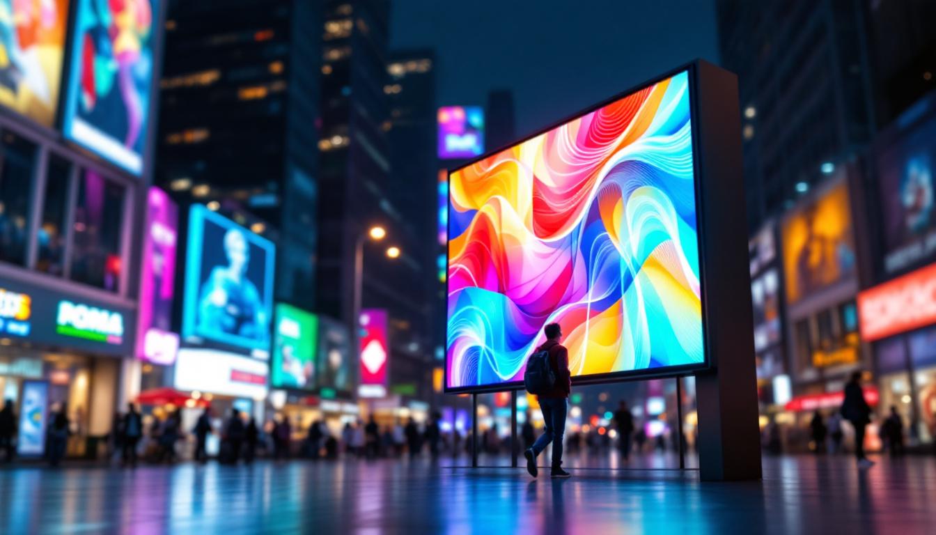 A photograph of capture a photograph of a vibrant led display in a bustling urban setting