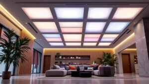 A photograph of capture a photograph of a modern interior featuring 12 x 12 interlocking ceiling tiles with integrated led displays